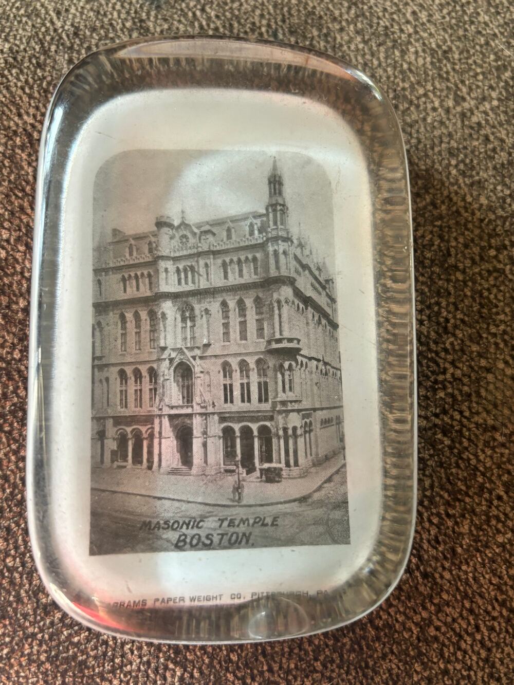 Boston Masonic Temple Heavy Glass Paperweight 1890s  Vintage FLAW Chip on Bottom